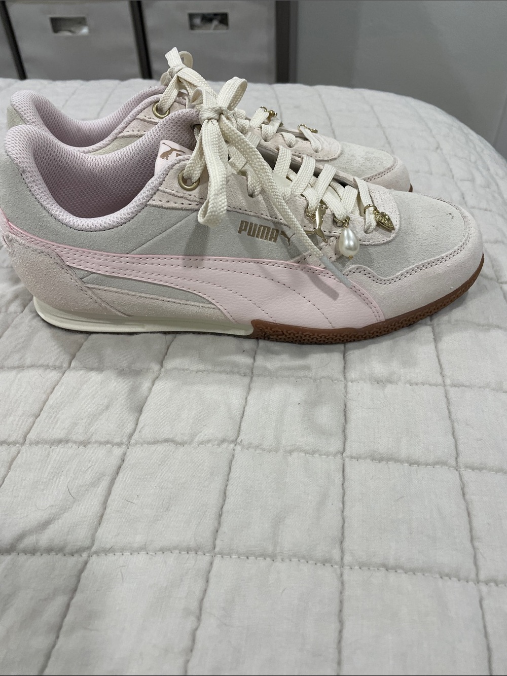 Puma Women's Pink and Cream Suede Lace-Up Sneakers